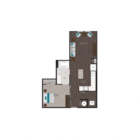 Floor plan for studio, 1 bath, 666 sqft